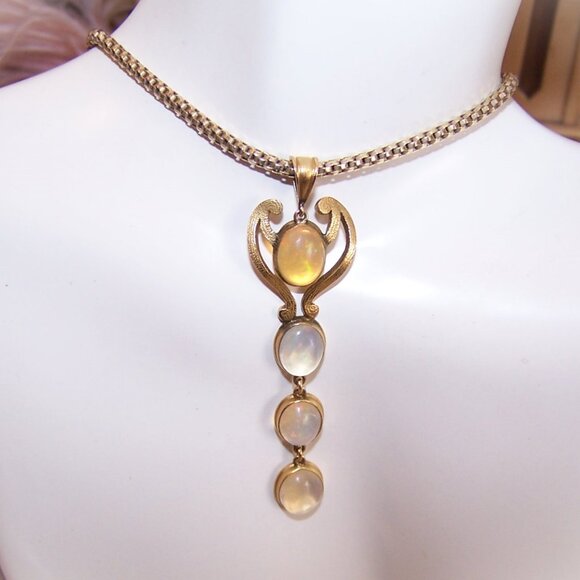 Art Nouveau 14K Gold Jelly Opal and Moonstone Lavaliere Drop Pendant - Picture 1 of 6
